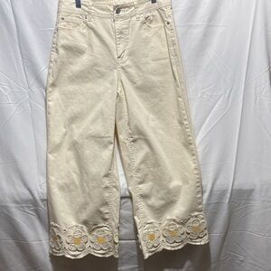 Elegant Cream Wide Leg Pants with Floral Embroidery